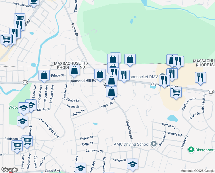 map of restaurants, bars, coffee shops, grocery stores, and more near 242R Mendon Road in Woonsocket