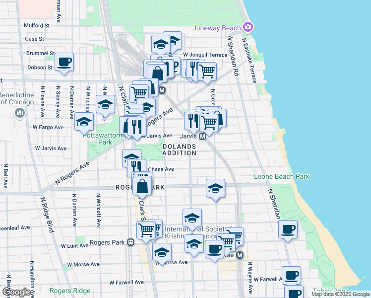 map of restaurants, bars, coffee shops, grocery stores, and more near 1608 West Sherwin Avenue in Chicago