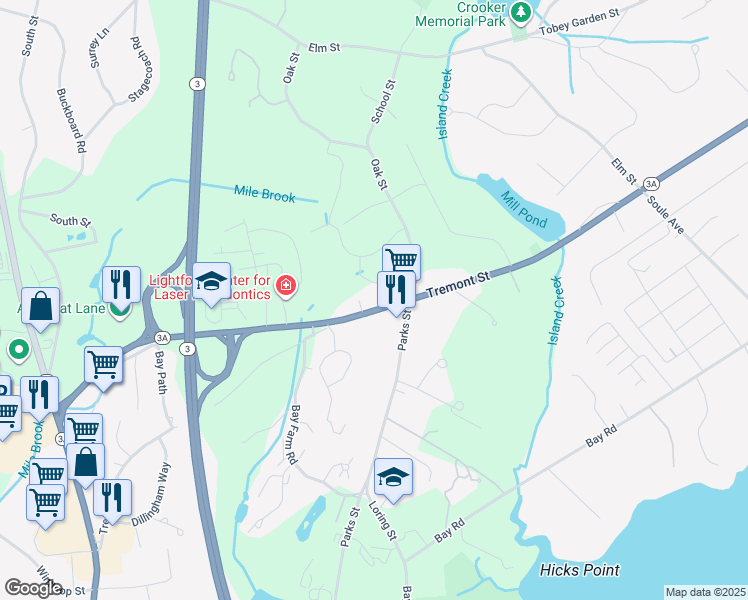 map of restaurants, bars, coffee shops, grocery stores, and more near 104 Tremont Street in Duxbury