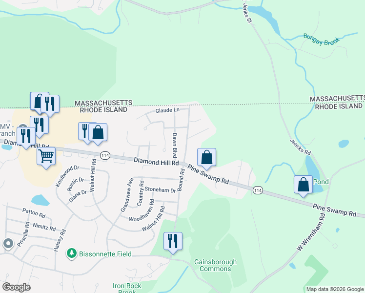 map of restaurants, bars, coffee shops, grocery stores, and more near 671 Bound Road in Woonsocket