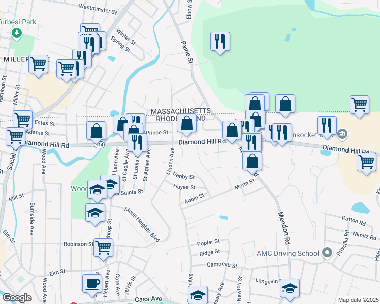 map of restaurants, bars, coffee shops, grocery stores, and more near 33 Theresa Marie Avenue in Woonsocket