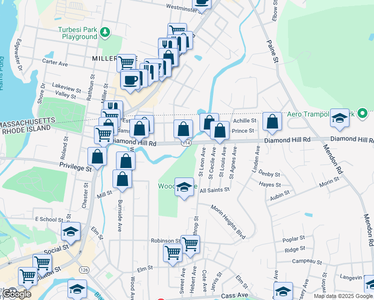 map of restaurants, bars, coffee shops, grocery stores, and more near 665 Diamond Hill Road in Woonsocket
