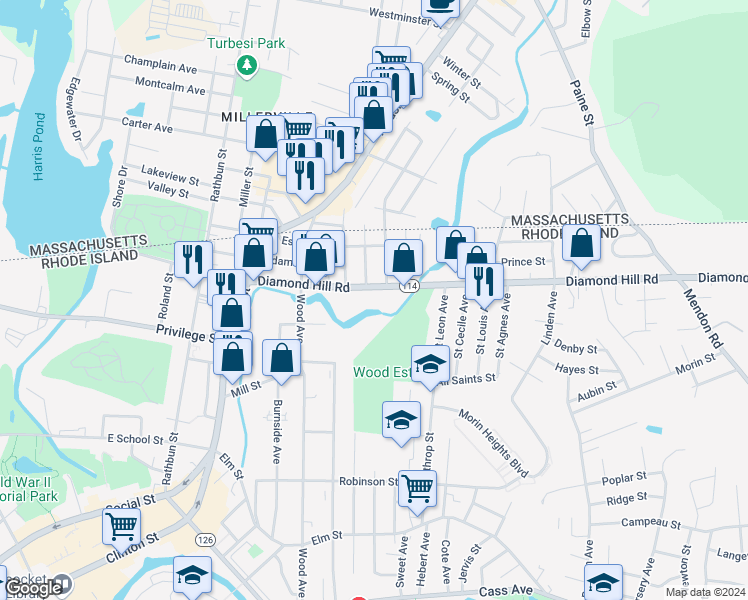 map of restaurants, bars, coffee shops, grocery stores, and more near 651 Diamond Hill Road in Woonsocket
