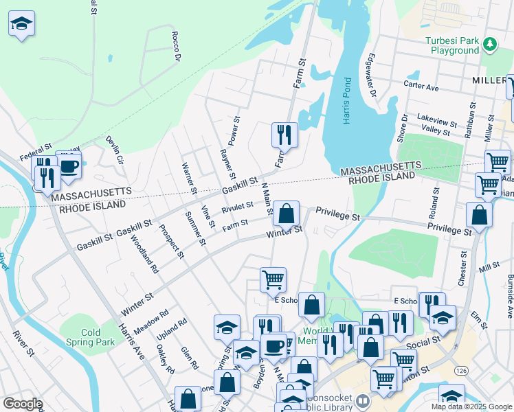 map of restaurants, bars, coffee shops, grocery stores, and more near 67 Rivulet Street in Woonsocket
