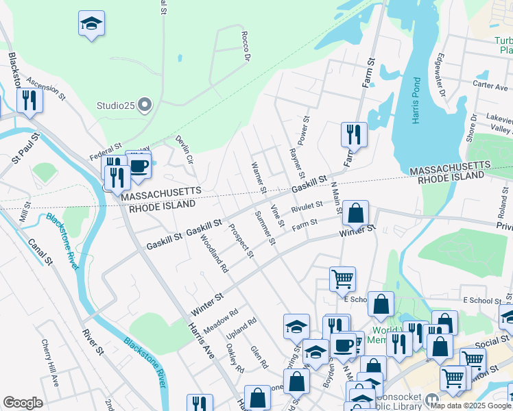map of restaurants, bars, coffee shops, grocery stores, and more near 388 Gaskill Street in Woonsocket