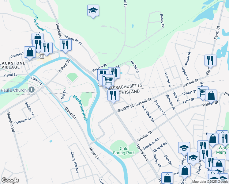 map of restaurants, bars, coffee shops, grocery stores, and more near 77 Huntington Avenue in Woonsocket