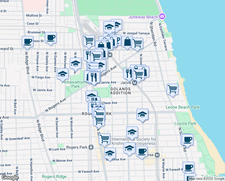 map of restaurants, bars, coffee shops, grocery stores, and more near 1650 West Sherwin Avenue in Chicago