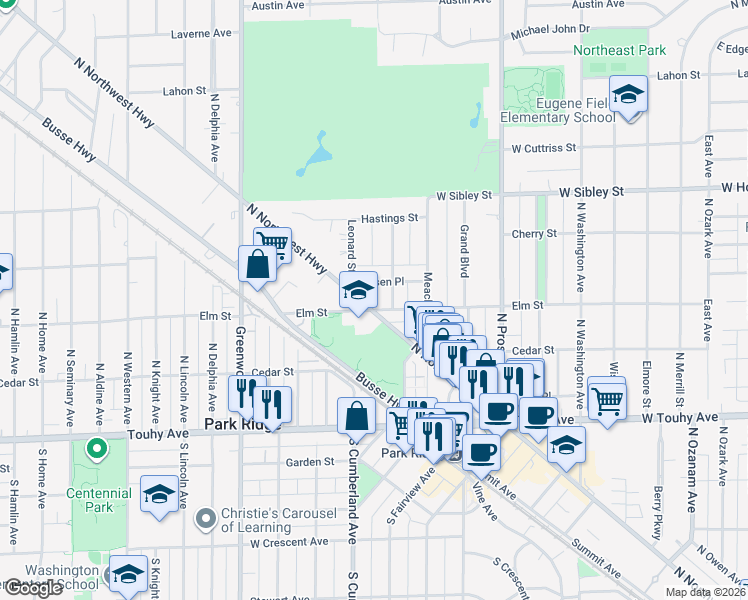map of restaurants, bars, coffee shops, grocery stores, and more near 900 Elm Street in Park Ridge