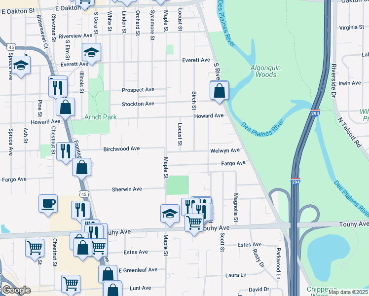 map of restaurants, bars, coffee shops, grocery stores, and more near 1886 Welwyn Avenue in Des Plaines