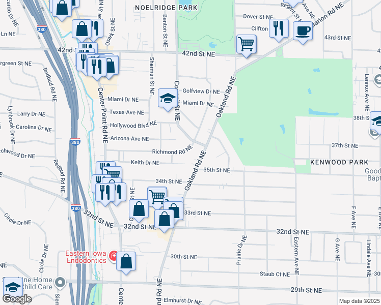 map of restaurants, bars, coffee shops, grocery stores, and more near 1453 Richmond Rd NE in Cedar Rapids