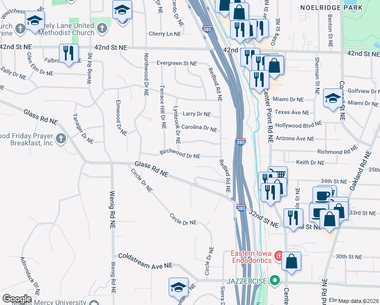map of restaurants, bars, coffee shops, grocery stores, and more near 2118 Birchwood Drive Northeast in Cedar Rapids