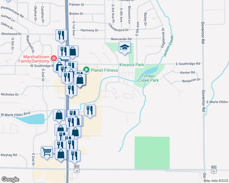 map of restaurants, bars, coffee shops, grocery stores, and more near 208 Glenda Drive in Marshalltown