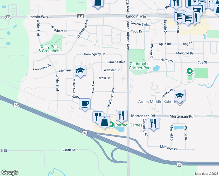 map of restaurants, bars, coffee shops, grocery stores, and more near 841 Dickinson Avenue in Ames