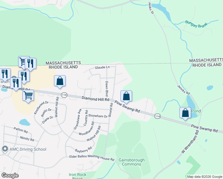 map of restaurants, bars, coffee shops, grocery stores, and more near 538 Bound Road in Woonsocket