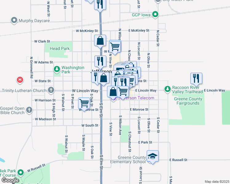 map of restaurants, bars, coffee shops, grocery stores, and more near 115 West Lincoln Way in Jefferson