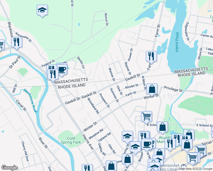 map of restaurants, bars, coffee shops, grocery stores, and more near 388 Gaskill Street in Woonsocket