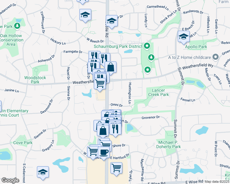 map of restaurants, bars, coffee shops, grocery stores, and more near 653 Windsor Drive in Schaumburg