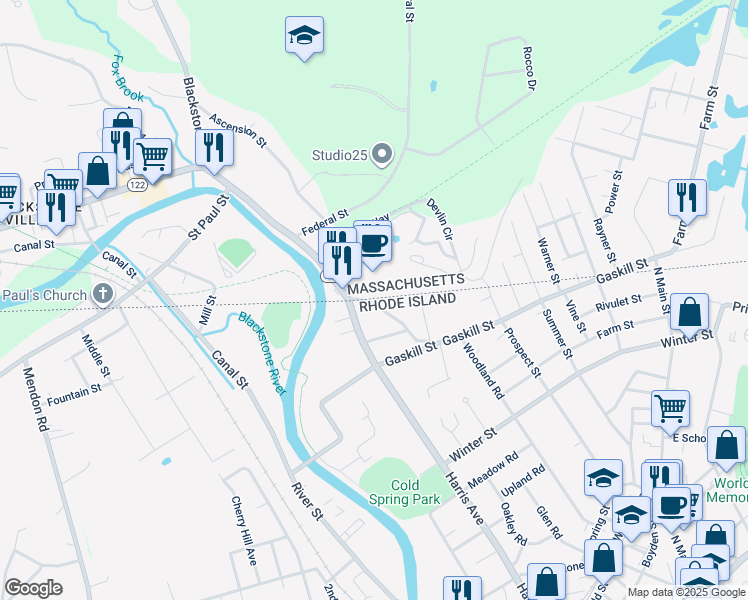 map of restaurants, bars, coffee shops, grocery stores, and more near 77 Huntington Avenue in Woonsocket