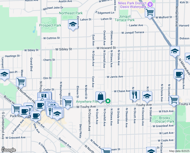 map of restaurants, bars, coffee shops, grocery stores, and more near 301 East Avenue in Park Ridge