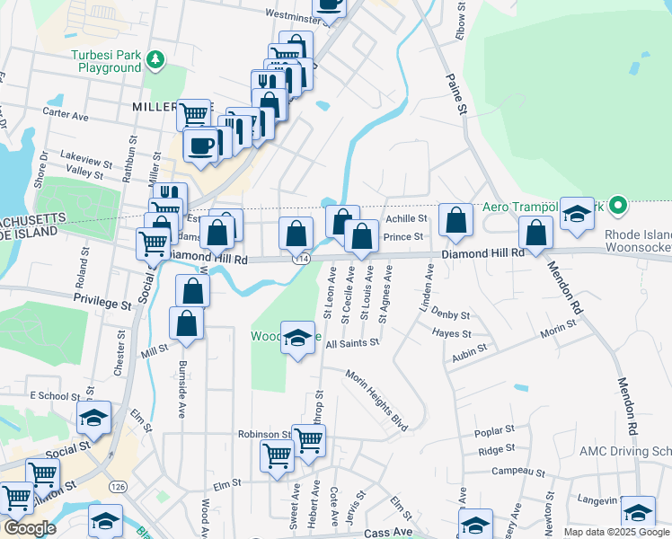 map of restaurants, bars, coffee shops, grocery stores, and more near 26 Saint Leon Avenue in Woonsocket