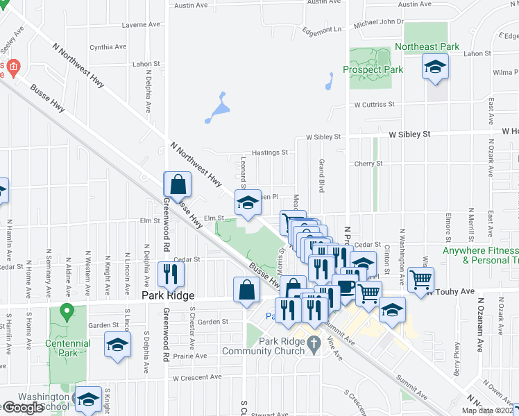 map of restaurants, bars, coffee shops, grocery stores, and more near 900 Elm Street in Park Ridge