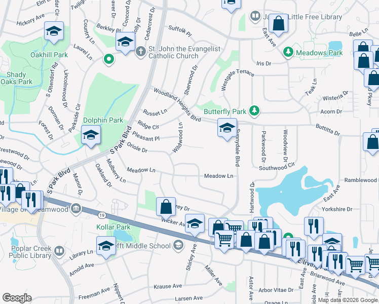 map of restaurants, bars, coffee shops, grocery stores, and more near 807 Wildwood Court in Streamwood