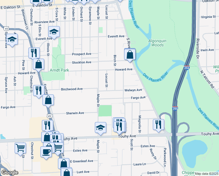 map of restaurants, bars, coffee shops, grocery stores, and more near 1886 Welwyn Avenue in Des Plaines