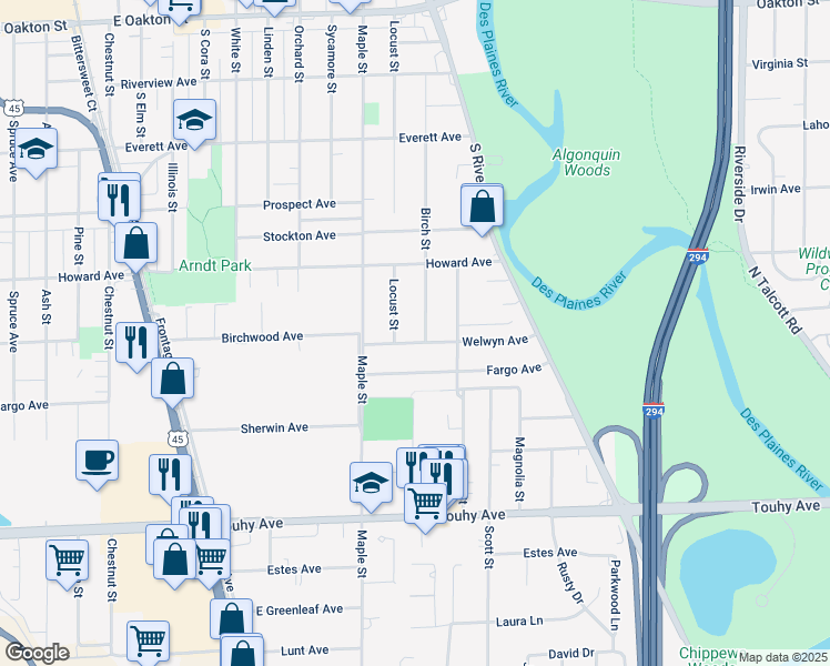 map of restaurants, bars, coffee shops, grocery stores, and more near 1886 Welwyn Avenue in Des Plaines