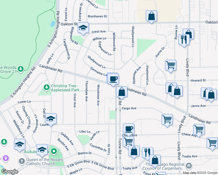 map of restaurants, bars, coffee shops, grocery stores, and more near 595 Landmeier Road in Elk Grove Village