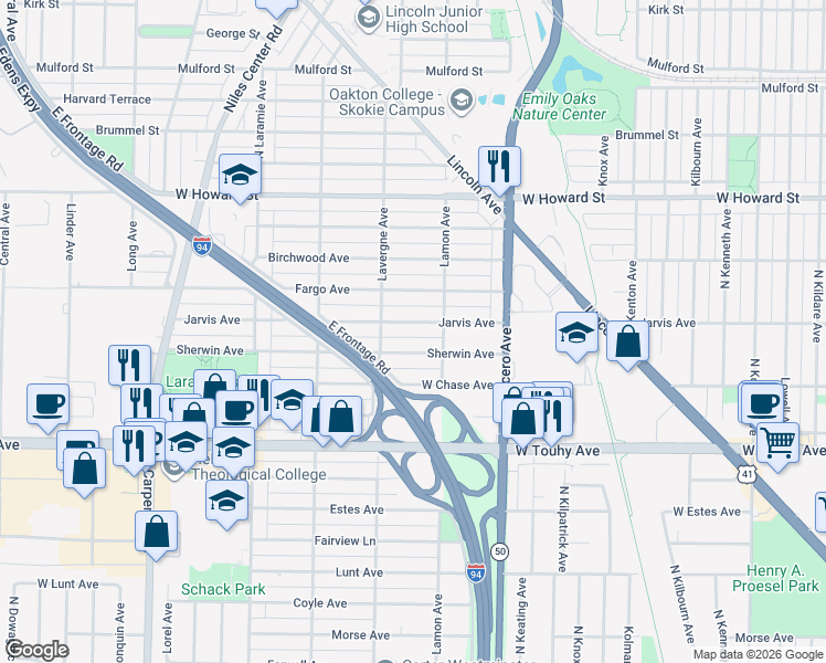 map of restaurants, bars, coffee shops, grocery stores, and more near 4931 Jarvis Avenue in Skokie