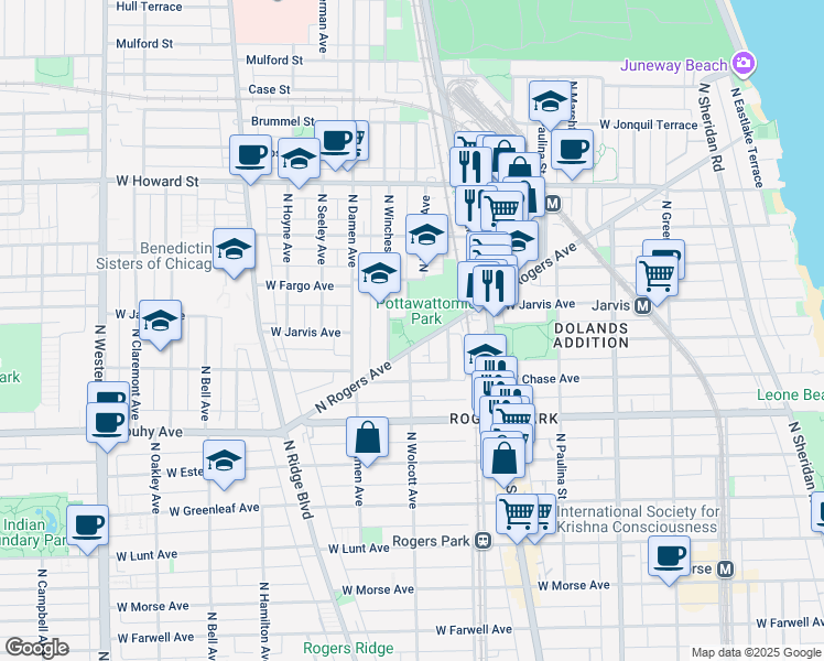 map of restaurants, bars, coffee shops, grocery stores, and more near 7340 North Rogers Avenue in Chicago
