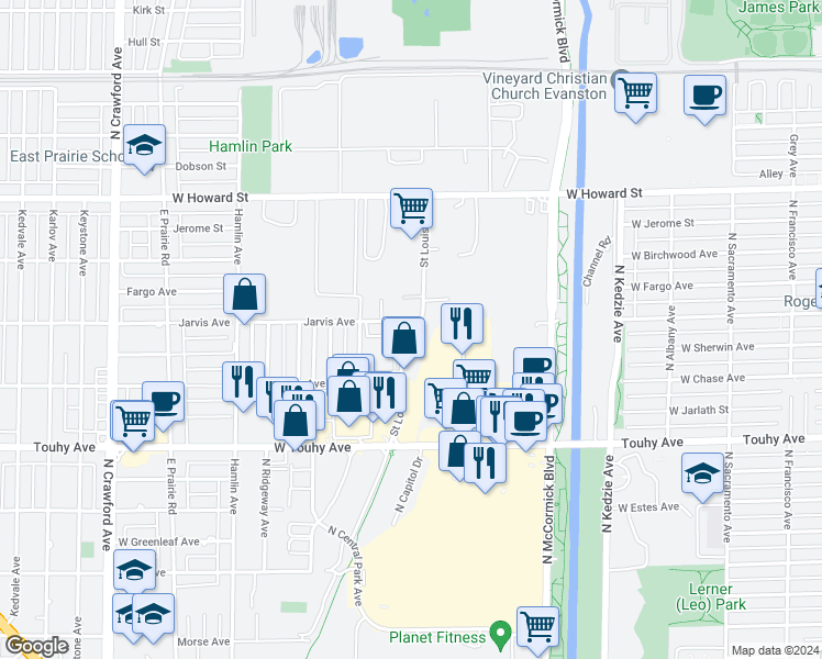 map of restaurants, bars, coffee shops, grocery stores, and more near 2065 Jarvis Avenue in Skokie