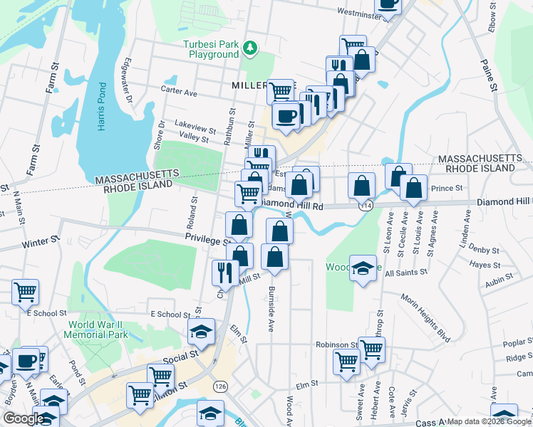 map of restaurants, bars, coffee shops, grocery stores, and more near 120 Mill Street in Woonsocket