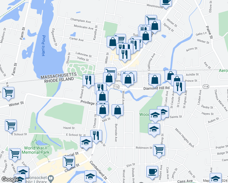 map of restaurants, bars, coffee shops, grocery stores, and more near 120 Mill Street in Woonsocket