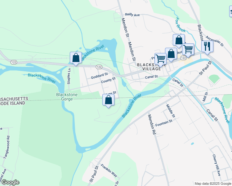 map of restaurants, bars, coffee shops, grocery stores, and more near 34 Butler Street in Blackstone