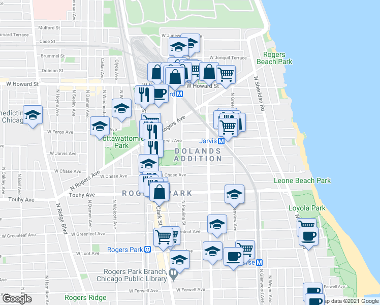 map of restaurants, bars, coffee shops, grocery stores, and more near 1650 West Sherwin Avenue in Chicago
