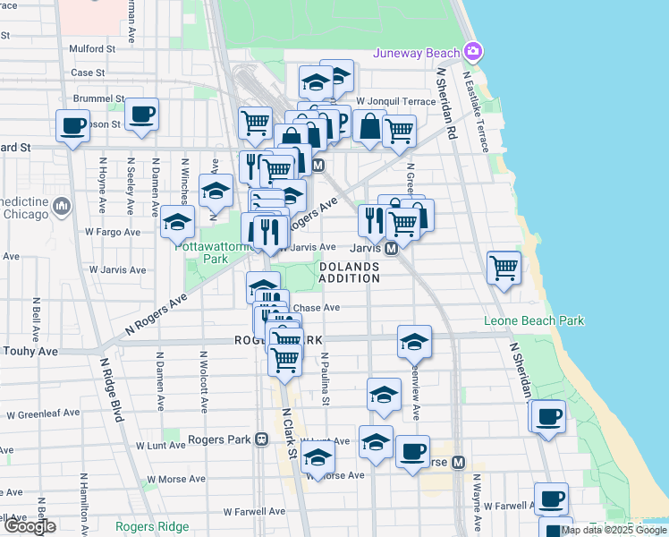 map of restaurants, bars, coffee shops, grocery stores, and more near 1650 West Sherwin Avenue in Chicago