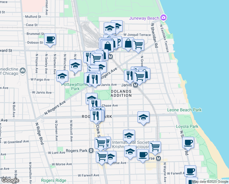 map of restaurants, bars, coffee shops, grocery stores, and more near 1650 West Sherwin Avenue in Chicago