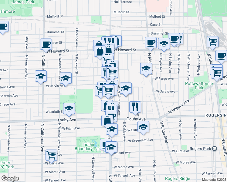 map of restaurants, bars, coffee shops, grocery stores, and more near 7335 North Western Avenue in Chicago