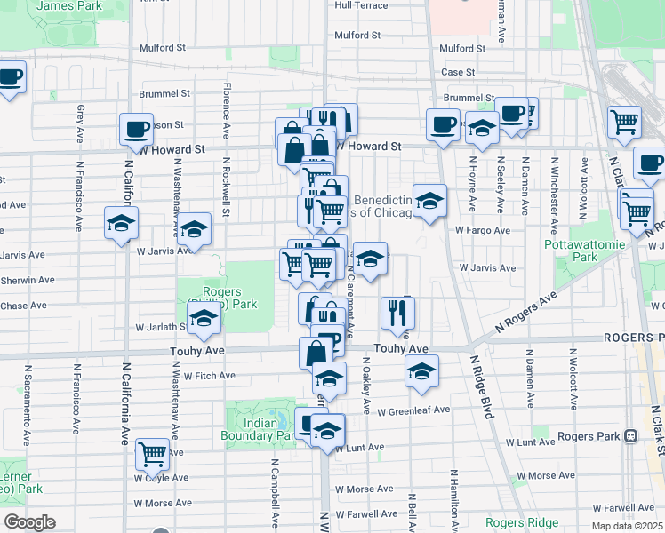 map of restaurants, bars, coffee shops, grocery stores, and more near 7335 North Western Avenue in Chicago