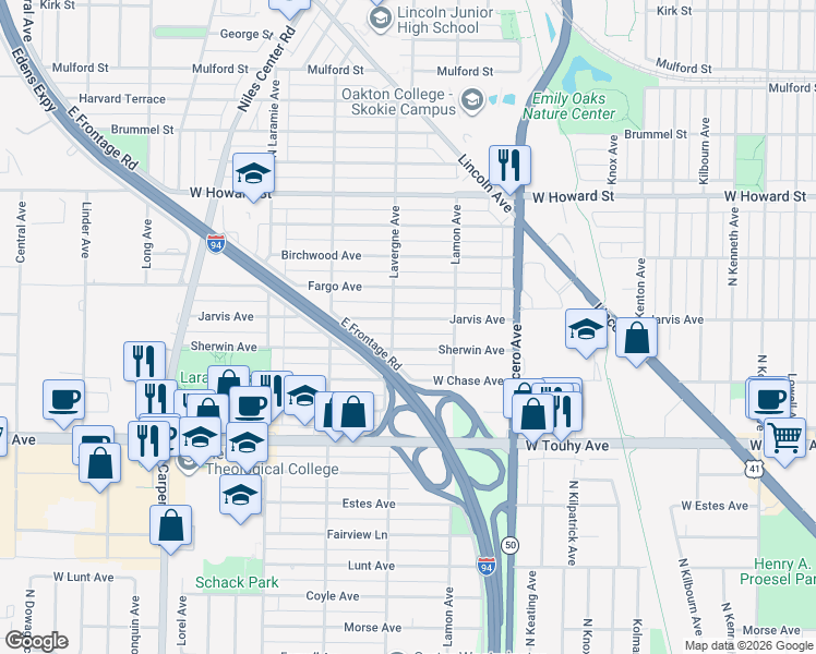 map of restaurants, bars, coffee shops, grocery stores, and more near 4931 Jarvis Avenue in Skokie