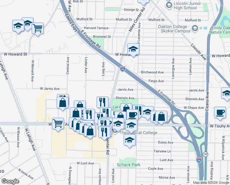map of restaurants, bars, coffee shops, grocery stores, and more near 5320 Sherwin Avenue in Skokie