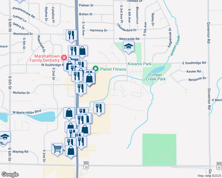 map of restaurants, bars, coffee shops, grocery stores, and more near 2603 South 2nd Avenue in Marshalltown