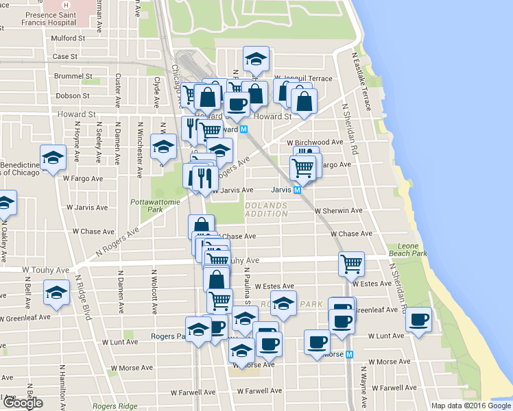 map of restaurants, bars, coffee shops, grocery stores, and more near 1650 West Sherwin Avenue in Chicago