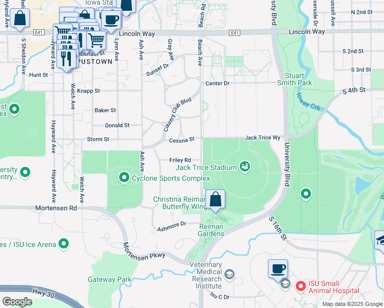 map of restaurants, bars, coffee shops, grocery stores, and more near 2019 Friley Road in Ames