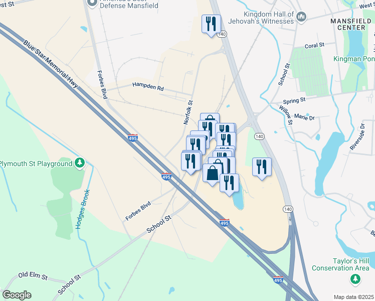 map of restaurants, bars, coffee shops, grocery stores, and more near 11 Norfolk Street in Mansfield