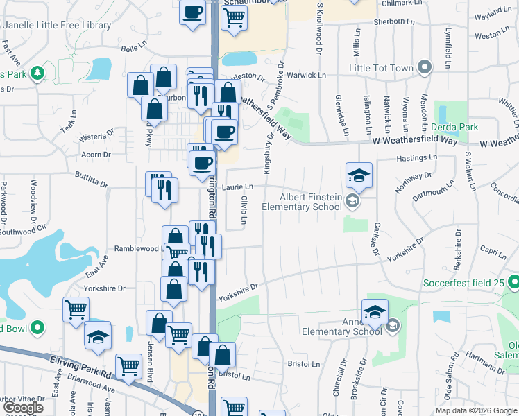 map of restaurants, bars, coffee shops, grocery stores, and more near 8076 Kingsbury Drive in Hanover Park