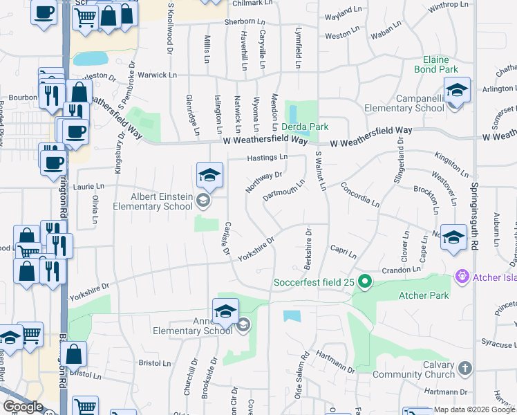 map of restaurants, bars, coffee shops, grocery stores, and more near 8052 Dartmouth Lane in Hanover Park