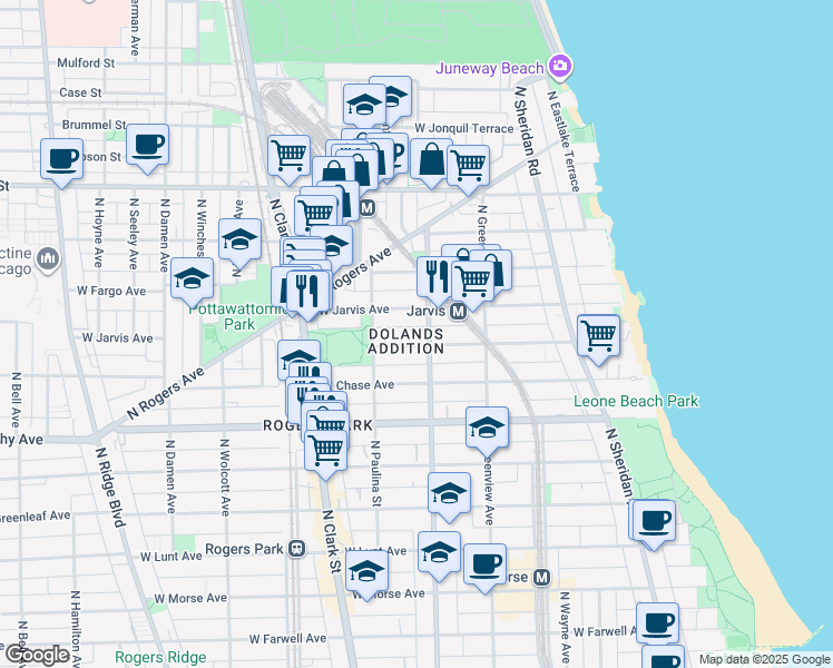 map of restaurants, bars, coffee shops, grocery stores, and more near 1608 West Sherwin Avenue in Chicago
