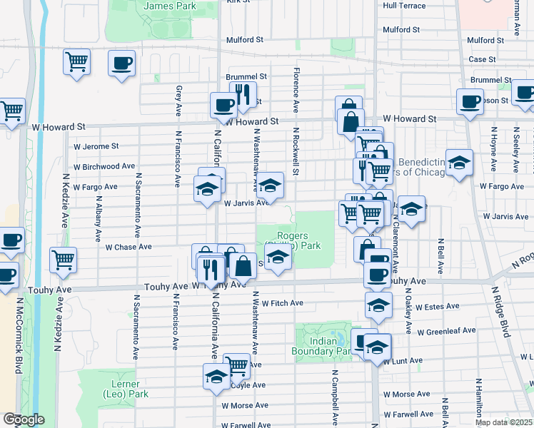 map of restaurants, bars, coffee shops, grocery stores, and more near 7345 North Washtenaw Avenue in Chicago